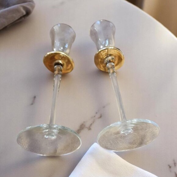 Vintage Venetian Hand-Blown Cordial Glasses – Gold Bobeche, 8" Tall, Set Of 2 - Picture 5 of 9